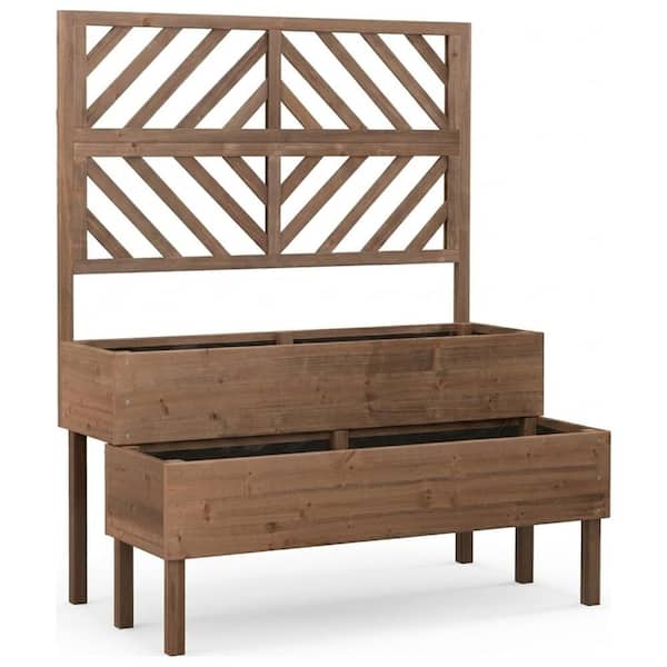 2-Tier Rectangular Fir Wood Raised Planter Box with Trellis in Coffee