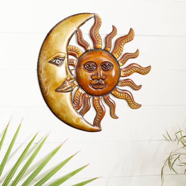 Litton Lane 21 in. x  20 in. Metal Red Indoor Outdoor Sun and Moon Wall Decor