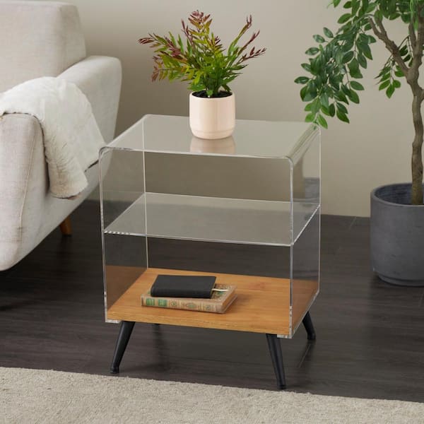 Litton Lane 13 in. Rectangle Clear Acrylic Coffee Table with Wood Base and Black Legs