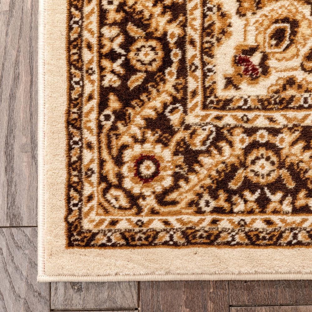 Ivory and Beige Oriental Synthetic Runner Rug