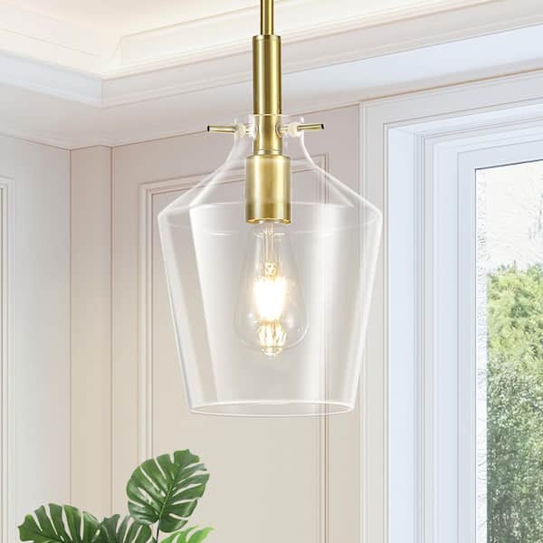 RayHome 60-Watt 1-Light Modern Gold Adjustable Height Pendant Light with Clear 7.88 in. Glass for Kitchen Island Bedroom