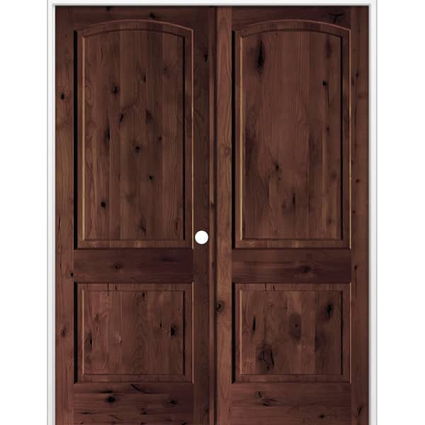56 in. x 96 in. Rustic 2-Panel Arch Top Left Active Red Mahogany Stain Knotty Alder Wood Double Prehung Interior Door