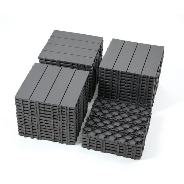 PARASOLAR 12 in. x 12 in. Square Polypropylene Decking Tiles, 4 Slat Plastic Outdoor Interlocking Flooring Tile (Gray, 44-Pack)