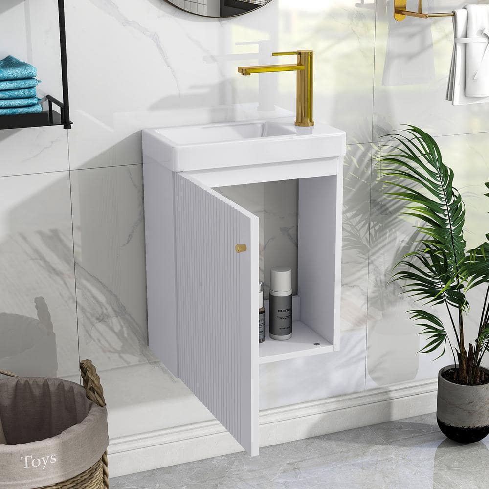 16 in. W. x 9 in. D x 21 in. H Floating Bath Vanity in White with White Cer