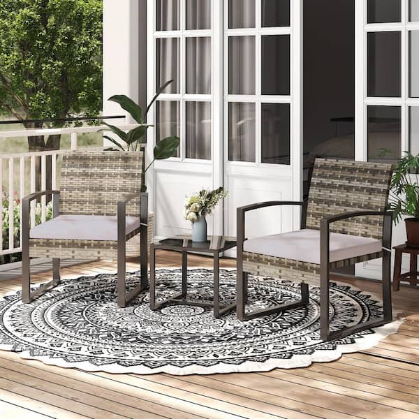 Bezseller 3-Piece Patio Set, Steel Outdoor Wicker Patio Furniture Set, Gray Outdoor Bistro Set with Gray Cushion