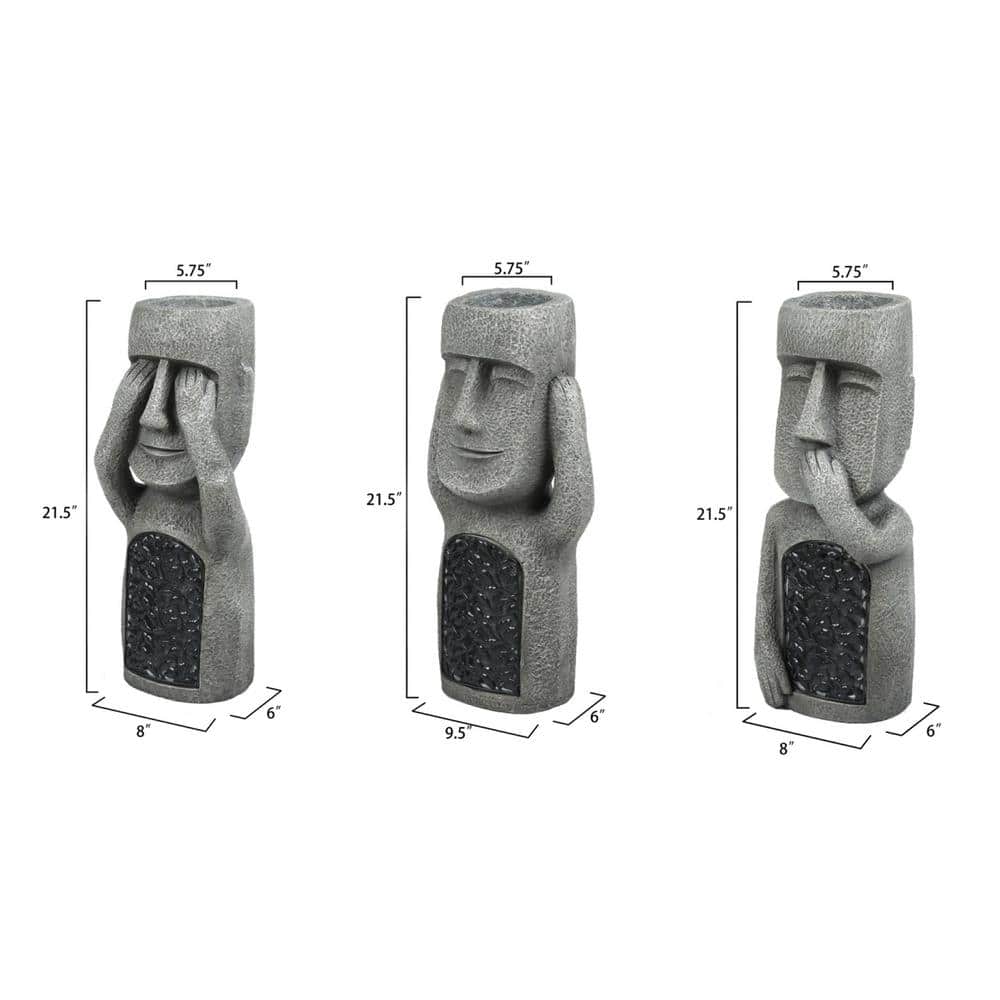 Gray Easter Island Solar Garden Statues with Planters, Set of 3