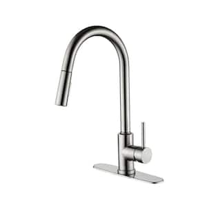 Deck Mount High-Arc Kitchen Faucet with Pull Down Sprayer in Brushed Nickel