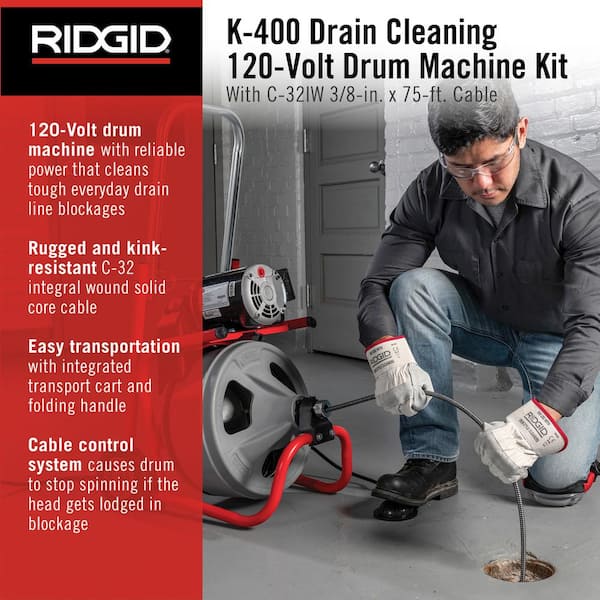 RIDGID 52363 K-400 Drain Cleaning Snake Auger 120-Volt Drum Machine with C-32IW 3/8 in. x 75 ft. Cable + 4-Piece Tool Set & Gloves - 2