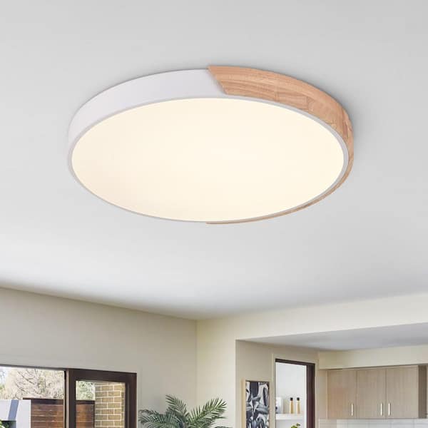 HUOKU Lumin 19.7 in. Wood and White Finish Round LED Flush Mount Low Profile Dimmable Fixture for Bedroom Living Room