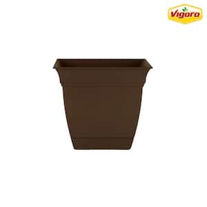 8 in. Mirabelle Small Chocolate Plastic Square Planter (8 in. D x 7.3 in. H) with Drainage Hole and Attached Saucer