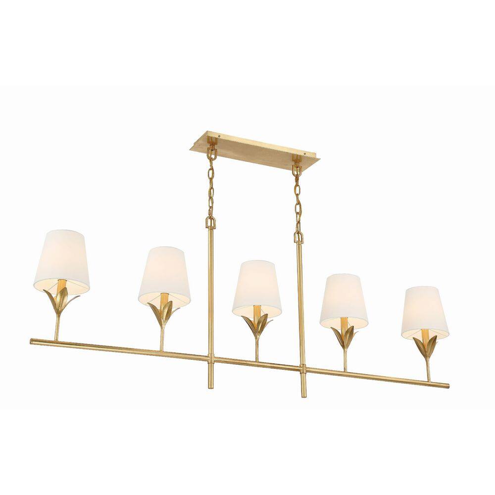Antique Gold 5-Light Chandelier with White Silk Shades