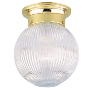 1-Light Ceiling Fixture Polished Brass Interior Flush-Mount with Crystal Ribbed Glass Globe