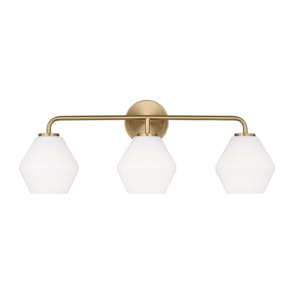 Satin Brass 3-Light Dimmable Vanity Light with White Hexagonal Shades
