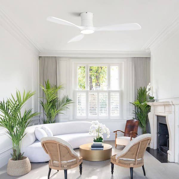 48 in. Indoor/Outdoor Low Profile Standard Wood White Flush Ceiling Fan with LED Light Kits, 6-Speed DC Remote Control