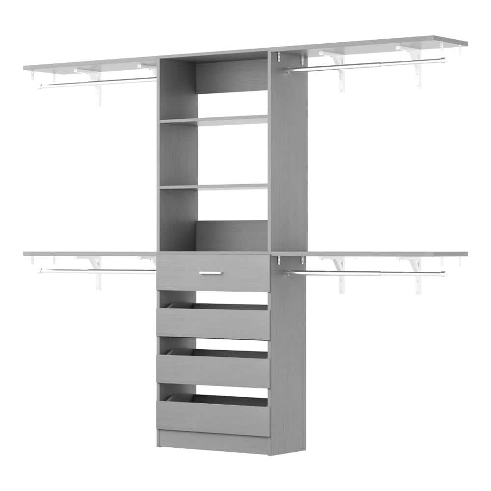 Closet System, 8FT Closet Organizer with 4 Wooden Drawers, Wood Closet Organizer System with Tower Grey