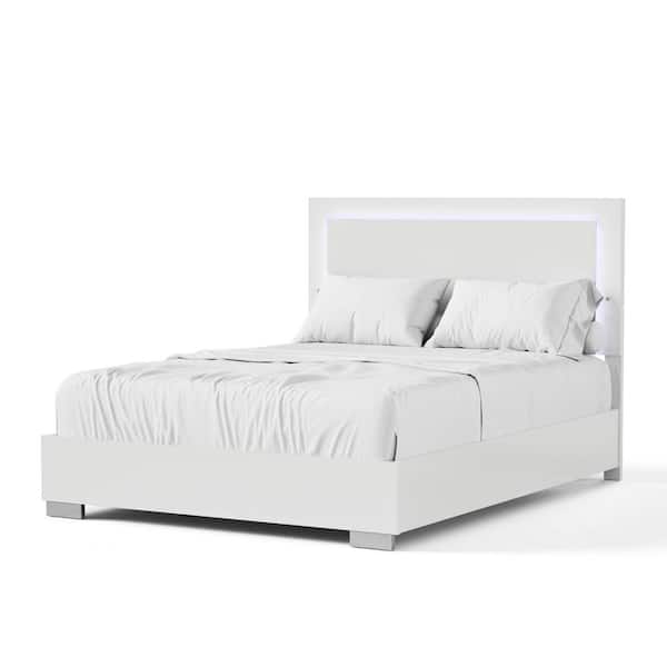 Mesala White Wood Frame Eastern King Panel Bed with LED on Headboard