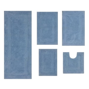 Classy 100% Cotton Bath Rugs Set, Machine Wash, 5-Pcs Set with Contour, Blue