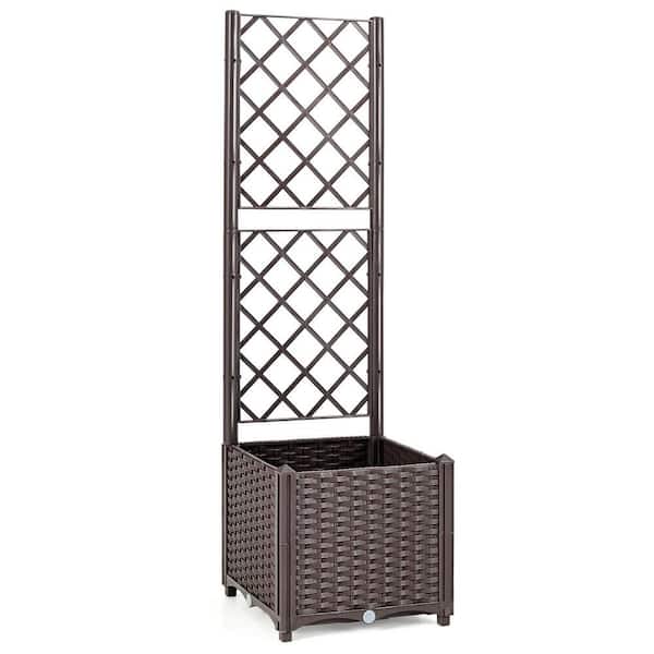 ANGELES HOME 16 in. Plastic Brown Raised Garden Bed with Trellis Planter Box for Climbing Plants