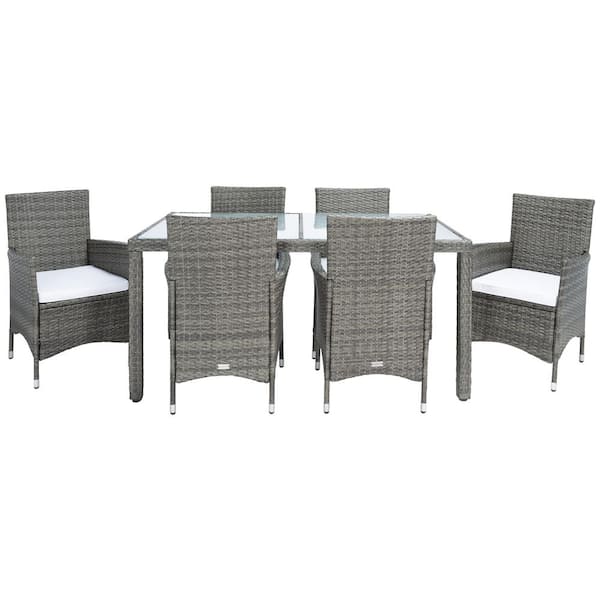 SAFAVIEH Jolin Gray/Brown 7-Piece Wicker Outdoor Patio Dining Set with White Cushions