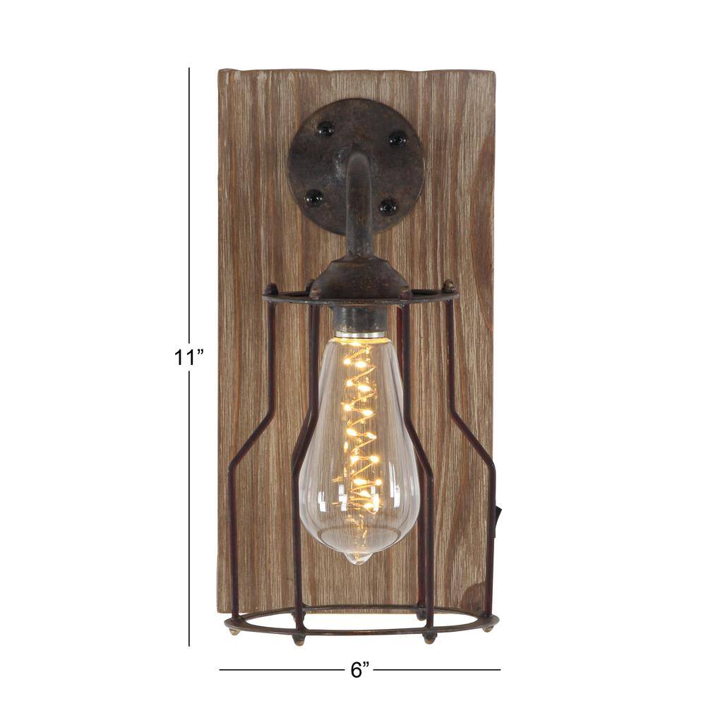 Industrial Brown Iron and Wood Battery Operated Wall Sconce