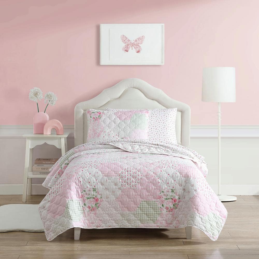 Laura Ashley Ellyn 3-Piece Pink Microfiber Full Quilt Set USHSA91243328 -  The Home Depot