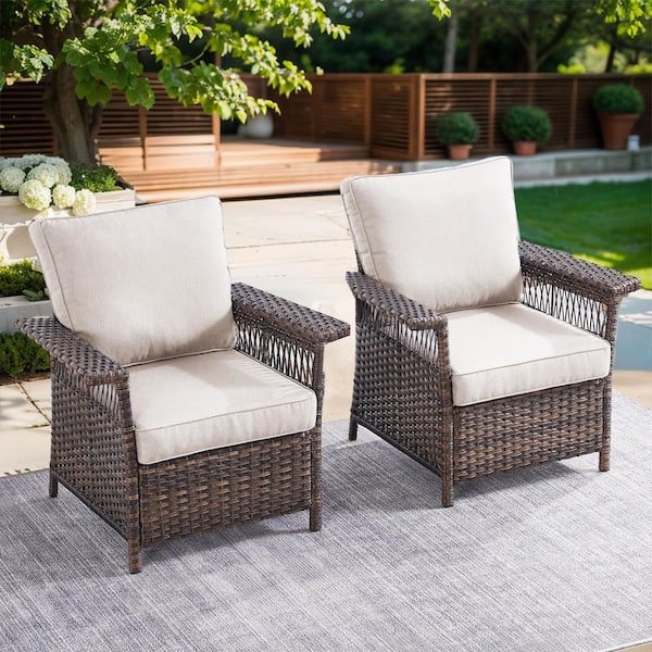 Gymojoy StLouis 2-Piece Brown Wicker Outdoor Lounge Chair Patio Deep Seating with Beige Cushions