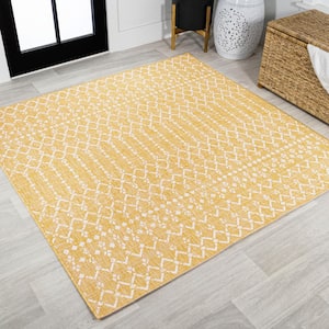 Ourika Moroccan Geometric Textured Weave Yellow/Cream 5 ft. Square Indoor/Outdoor Area Rug