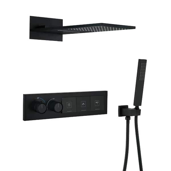 3-Spray Dual Handle  Wall Mount Thermostatic Square Shower Head and Handheld Shower Head 1.59 GPM in Matte Black