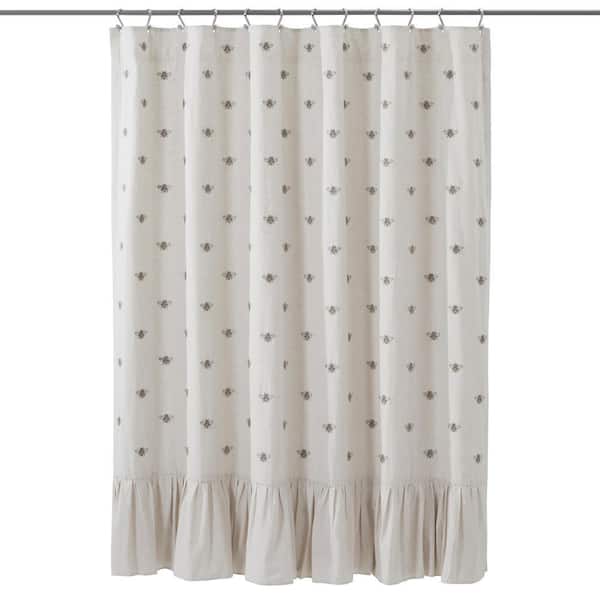 Embroidered Bee 72 in Creme Yellow Gray Ruffled Shower Curtain