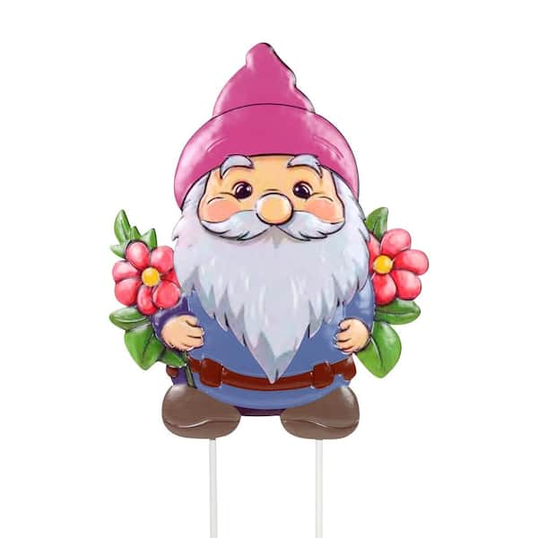 Exhart Colorful Gnome Hand Painted with Flowers 1.87 ft. MultiColor Metal Garden Stake