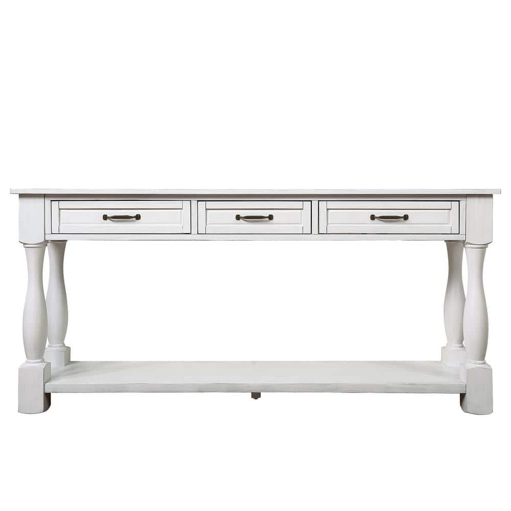 63.38 in. W x 14.56 in. D x 30.00 in. H Antique White Linen Cabinet Console