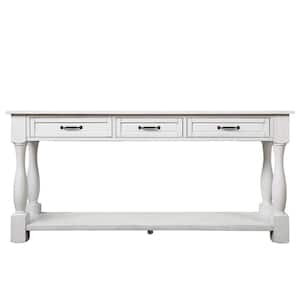 63.38 in. W x 14.56 in. D x 30.00 in. H Antique White Linen Cabinet Console Table with 3 Drawers and 1 Bottom Shelf
