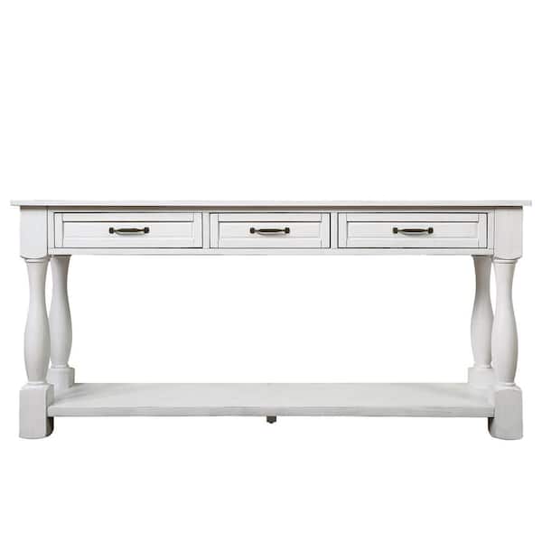 Unbranded 63.38 in. W x 14.56 in. D x 30.00 in. H Antique White Linen Cabinet Console Table with 3 Drawers and 1 Bottom Shelf