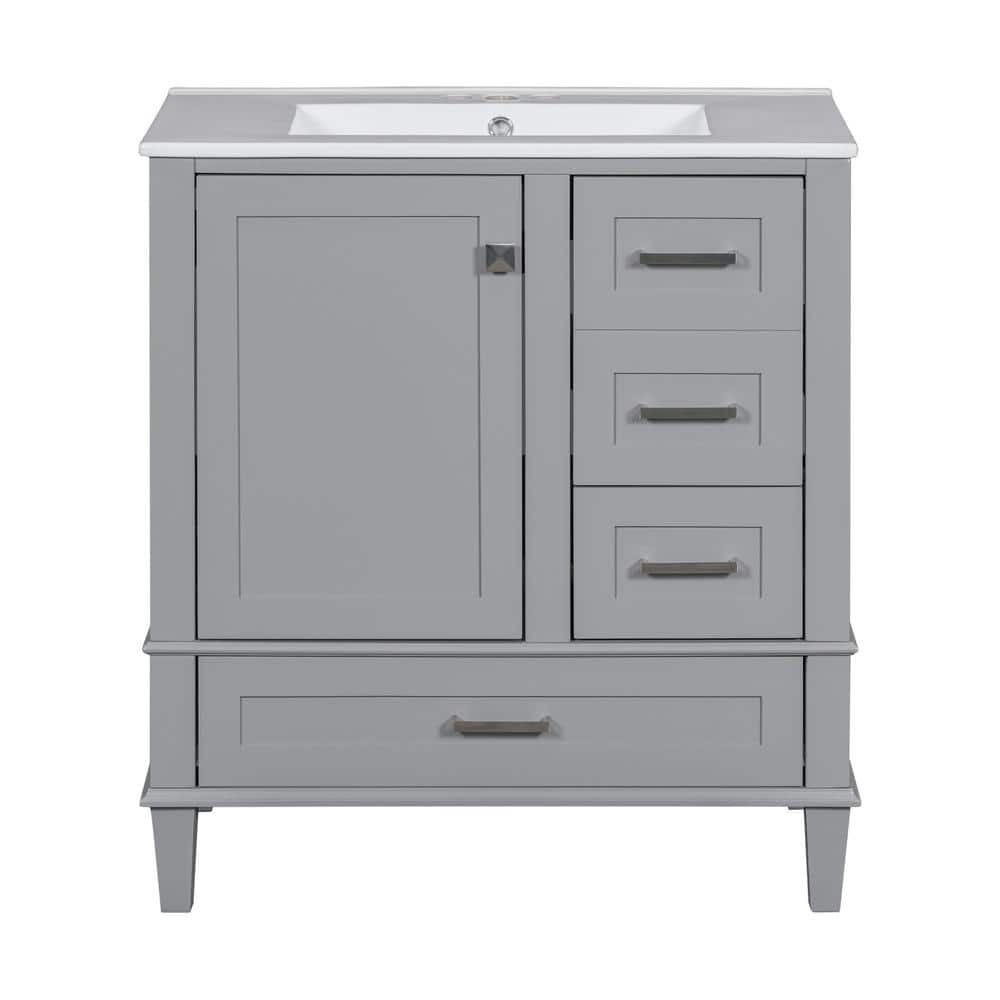 30 in. Grey MDF Freestanding Single Sink Bath Vanity with White Ceramic Top