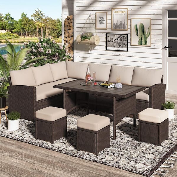 Sudzendf Brown 7-Piece Wicker Patio Conversation Set with Khaki Cushions, Dining Table and Chair with Ottoman