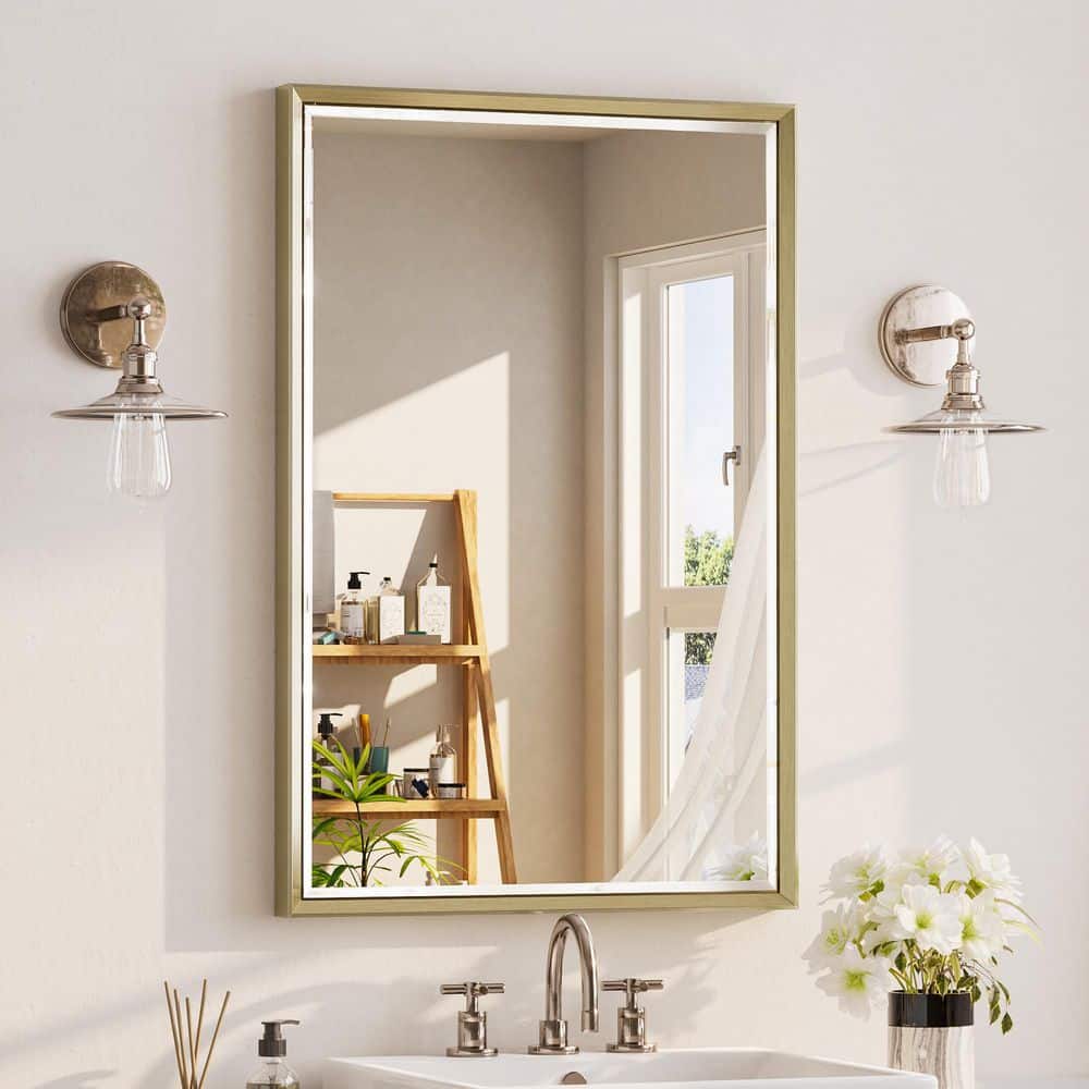 36 in. W x 24 in. H Aluminum Framed Rectangular Wall-Mounted Double Beveled Frame Bathroom Vanity Mirror,Gold price history on PriceWatchPro