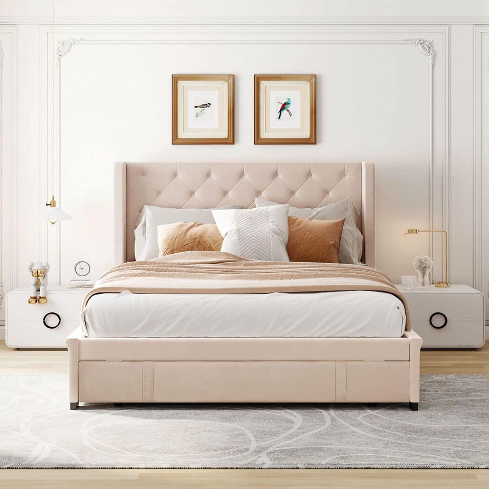 Beige Velvet Upholstered Queen Platform Bed with Storage Drawer