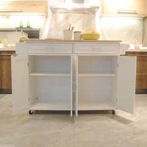 White Rubber Wood Top 53.93  in.. W Kitchen Island with Adjustable Shelf and 2 Drawers