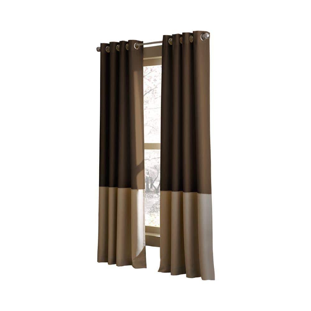 Chocolate-Beige Faux Silk Room-Darkening Grommet Curtain Panel, 95"