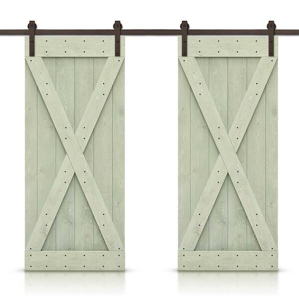 CALHOME 72 in. x 84 in. X Series Sage Green Stained Solid Knotty Pine Wood Interior Double Sliding Barn Door with Hardware Kit