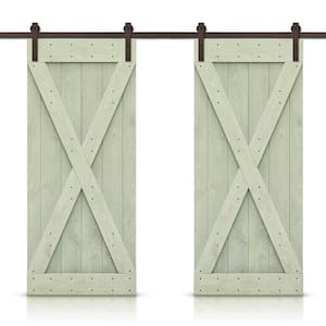 76 in. x 84 in. X Series Sage Green Stained Solid Knotty Pine Wood Interior Double Sliding Barn Door with Hardware Kit