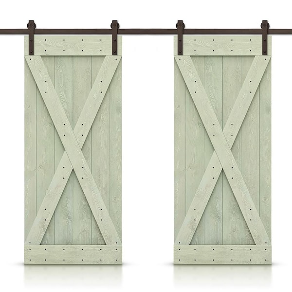 CALHOME 84 in. x 84 in. X Series Sage Green Stained Solid Knotty Pine Wood Interior Double Sliding Barn Door with Hardware Kit
