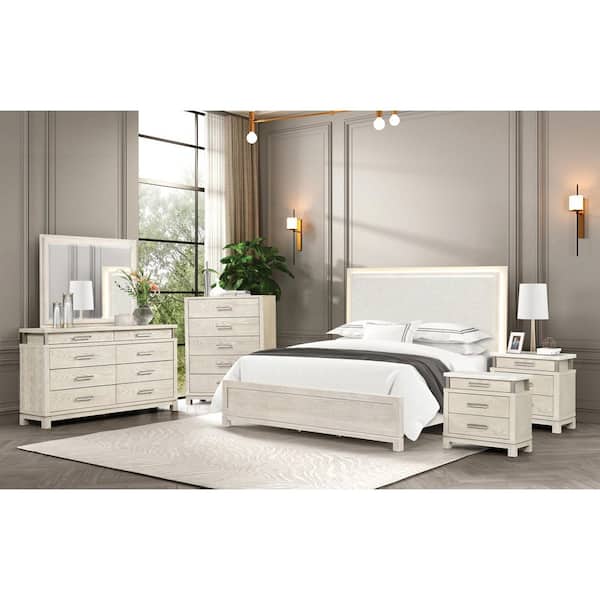 Patty 6-Piece Weathered Gray Wood Frame King Panel Bedroom Set with LED on Headboard, Stainless Steel Posts, Marble Top
