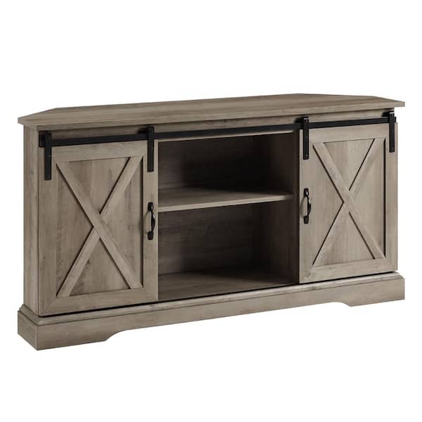 52 in. Farmhouse Grey Wash Wood Corner TV Stand with 2 Sliding Barn Doors (Max TV Size 60 in.)