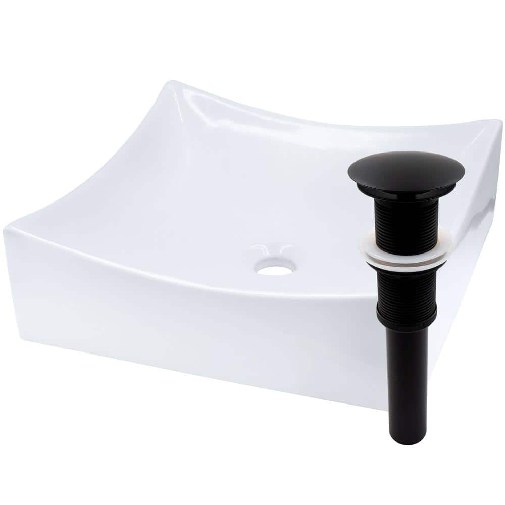 Novatto Modern White Porcelain Square Vessel Sink with Umbrella Drain
