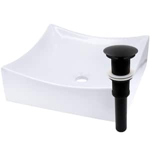 Modern White Porcelain Square Vessel Sink with Umbrella Drain in Matte Black