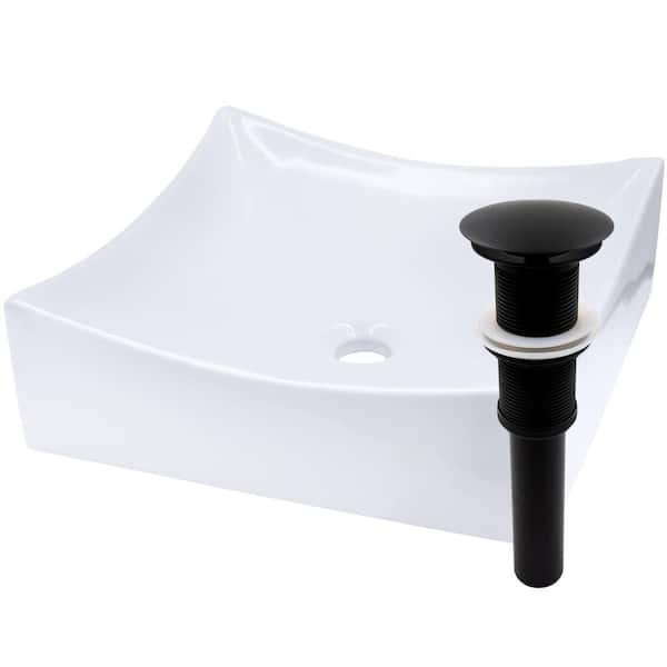Novatto Modern White Porcelain Square Vessel Sink with Umbrella Drain in Matte Black