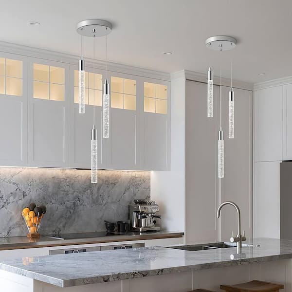 Home Lighting 18W Chrome 3-Light Modern Dimmable Integrated LED Mini Crystal Pendant Light For Bedroom, 1Pack