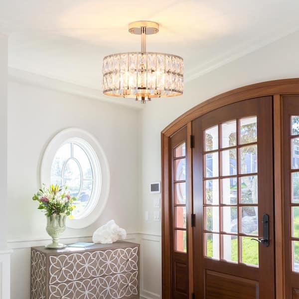 Gorgeous 12-Inch Gold Crystal Flush Mount Ceiling Light - 3-Light Drum Shade Fixture For Bedroom, Hallway & Bathroom