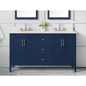 Sturgess 61 in. W x 22 in. D x 35 in. H Double Sink Freestanding Bath Vanity in Navy Blue with Carrara Marble Top